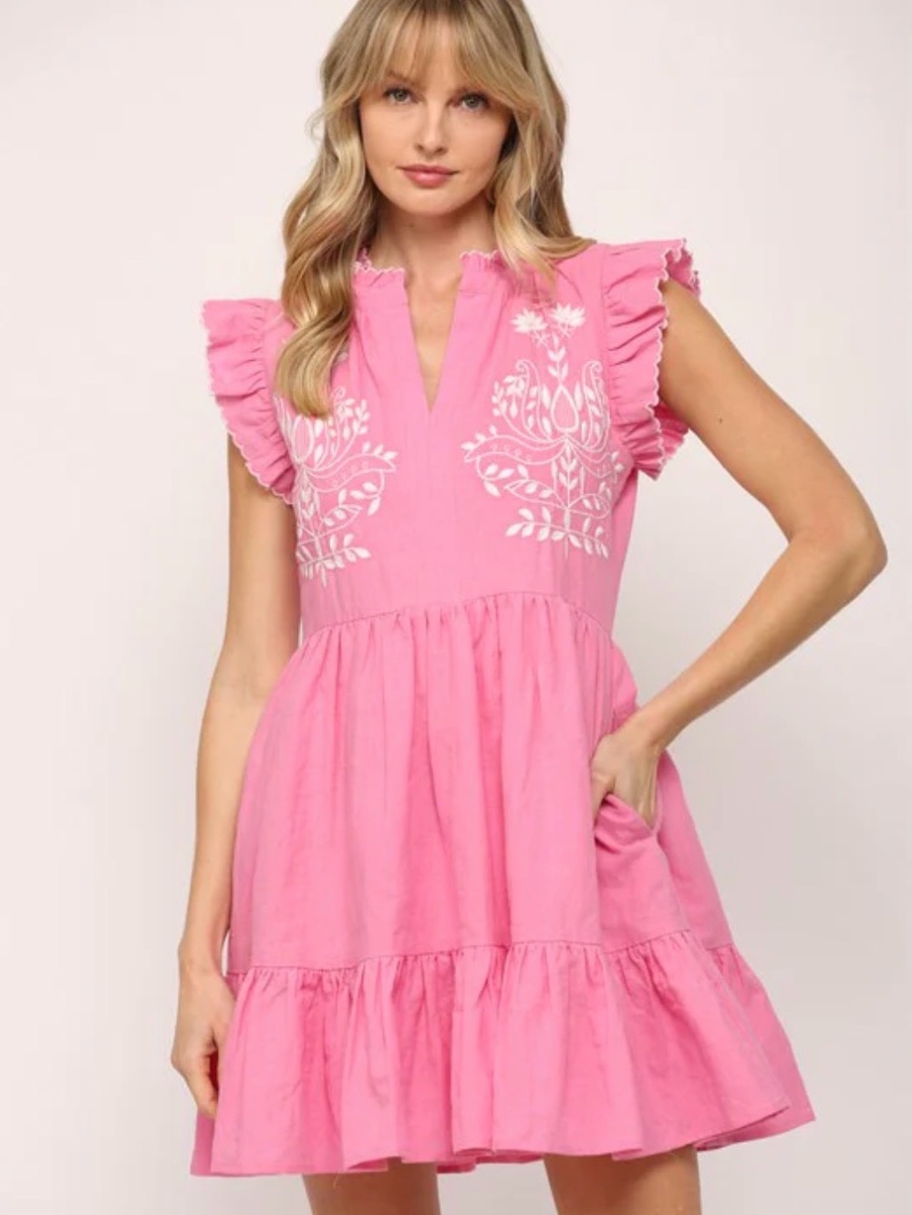 Fate Pink Floral Embroidered Ruffle-Sleeve Mini Dress